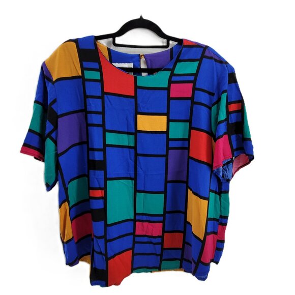 True Vintage 80s Fitting Image Shirt Womens Large XL Abstract Geometric Blouse - Picture 2 of 12